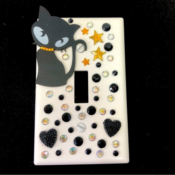 💕2/$25💕Black Cat & Stars Light Switch Plate Cover Handcrafted - Picture 1 of 1